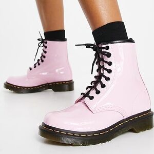 Dr. Martens Kids Pink Leather Boots with Yellow Stitching